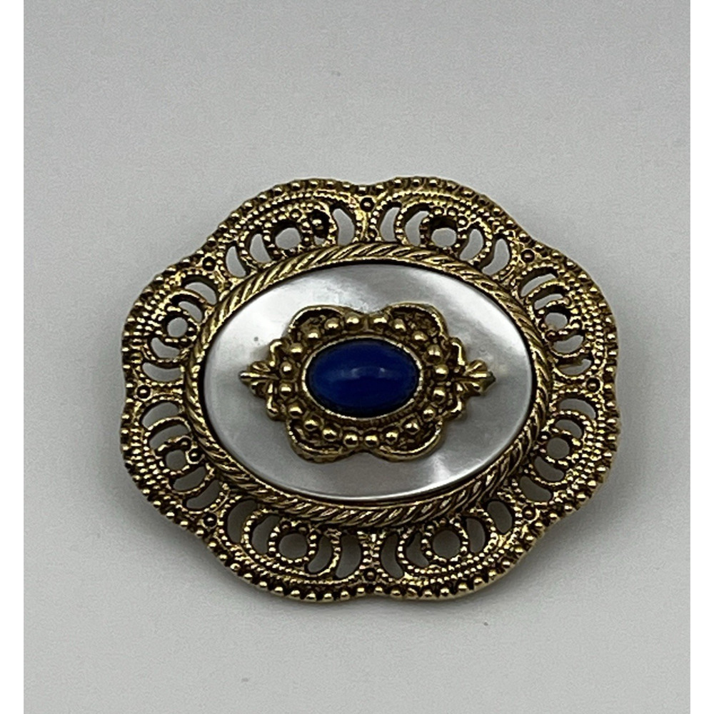 Mother of Pearl Blue Stone Brooch Pin Gold Tone Filigree Oval Ornate Cabochon